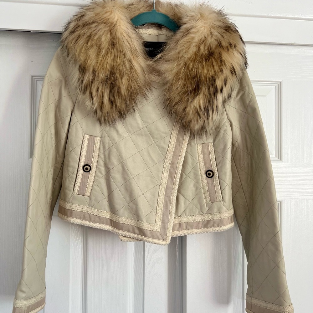 BCBG Leather Jacket With Detachable Racoon Fur Collar Cropped